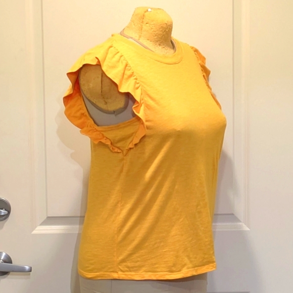 EUC Banana Republic L Malibu Tee Cotton Blend Mustard Yellow Ruffle Tank - Picture 2 of 6
